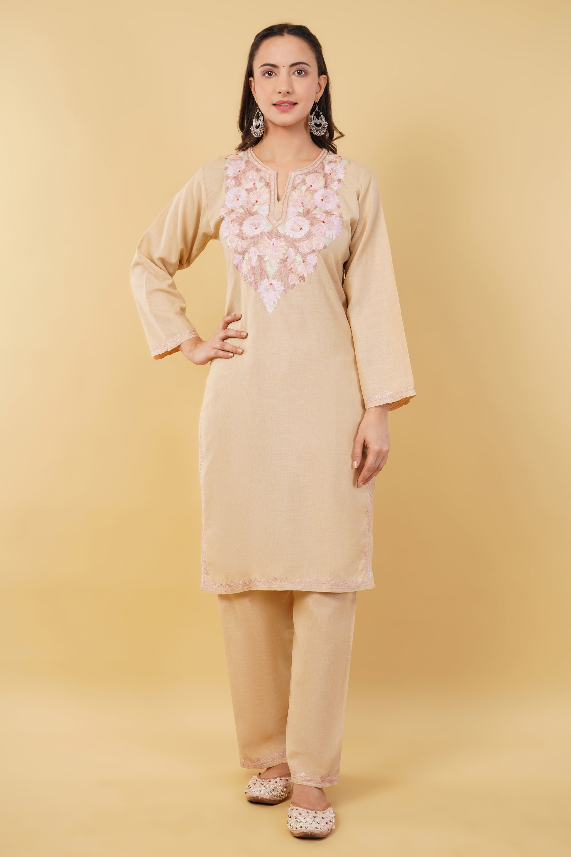 Kashmiri Aari embroidery Cotton Co-ord set Size-36 (Beige)