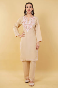 Kashmiri Aari embroidery Cotton Co-ord set Size-36 (Beige)