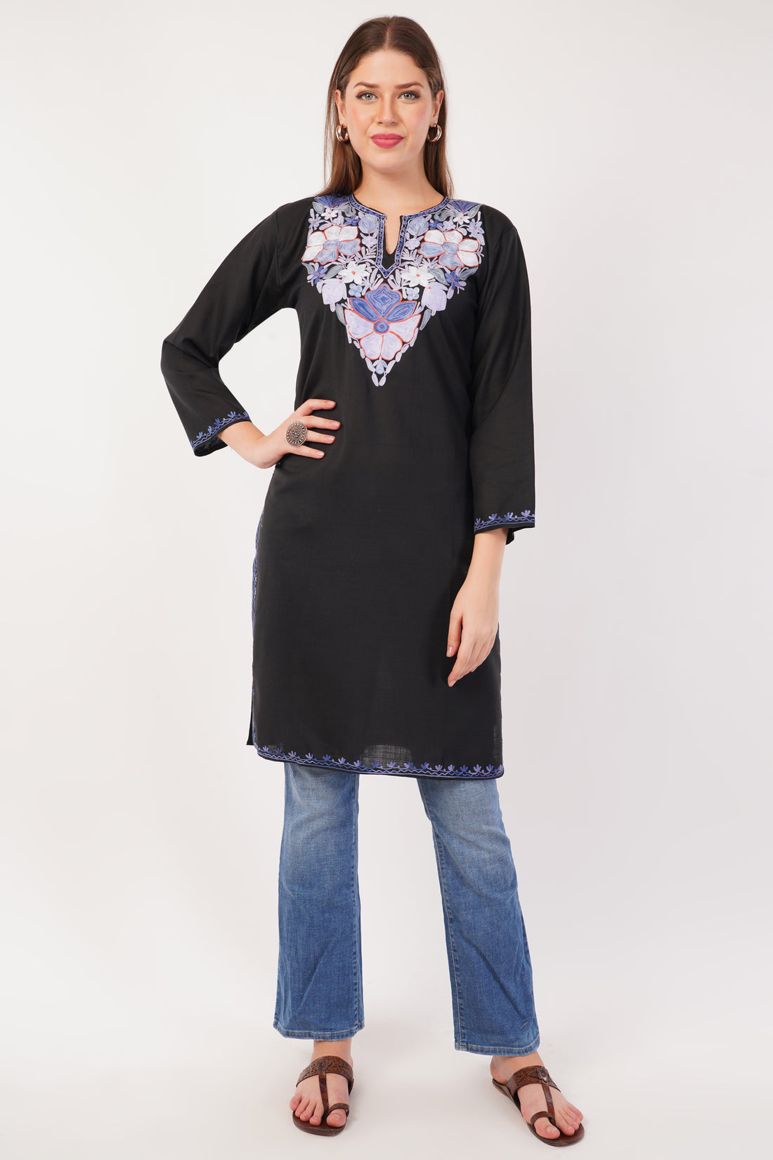 Kashmiri Aari embroidery Cotton Long Kurti Size-42 (Black)