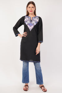 Kashmiri Aari embroidery Cotton Long Kurti Size-42 (Black)