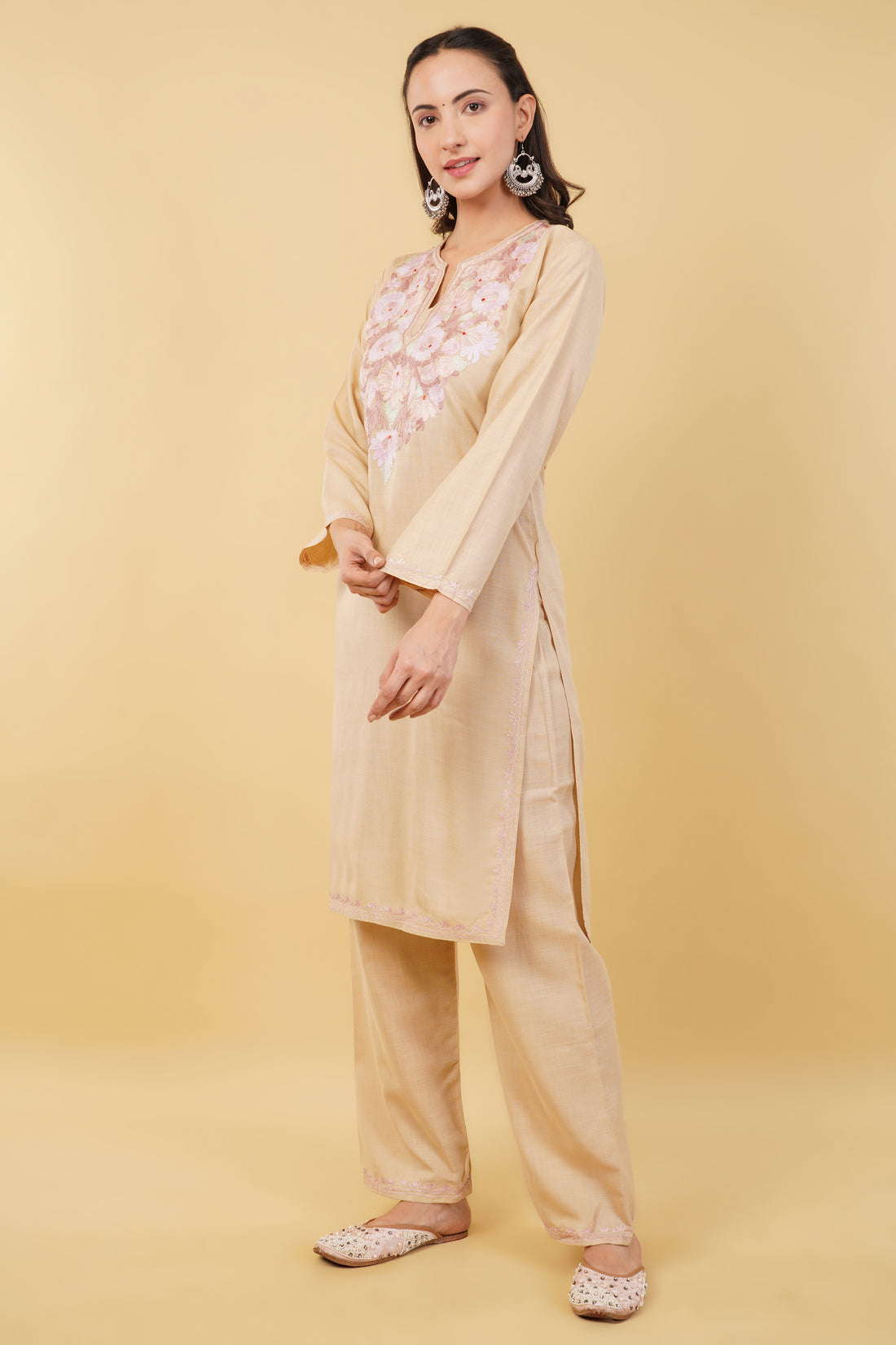 Kashmiri Aari embroidery Cotton Co-ord set Size-36 (Beige)
