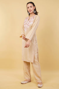 Kashmiri Aari embroidery Cotton Co-ord set Size-36 (Beige)