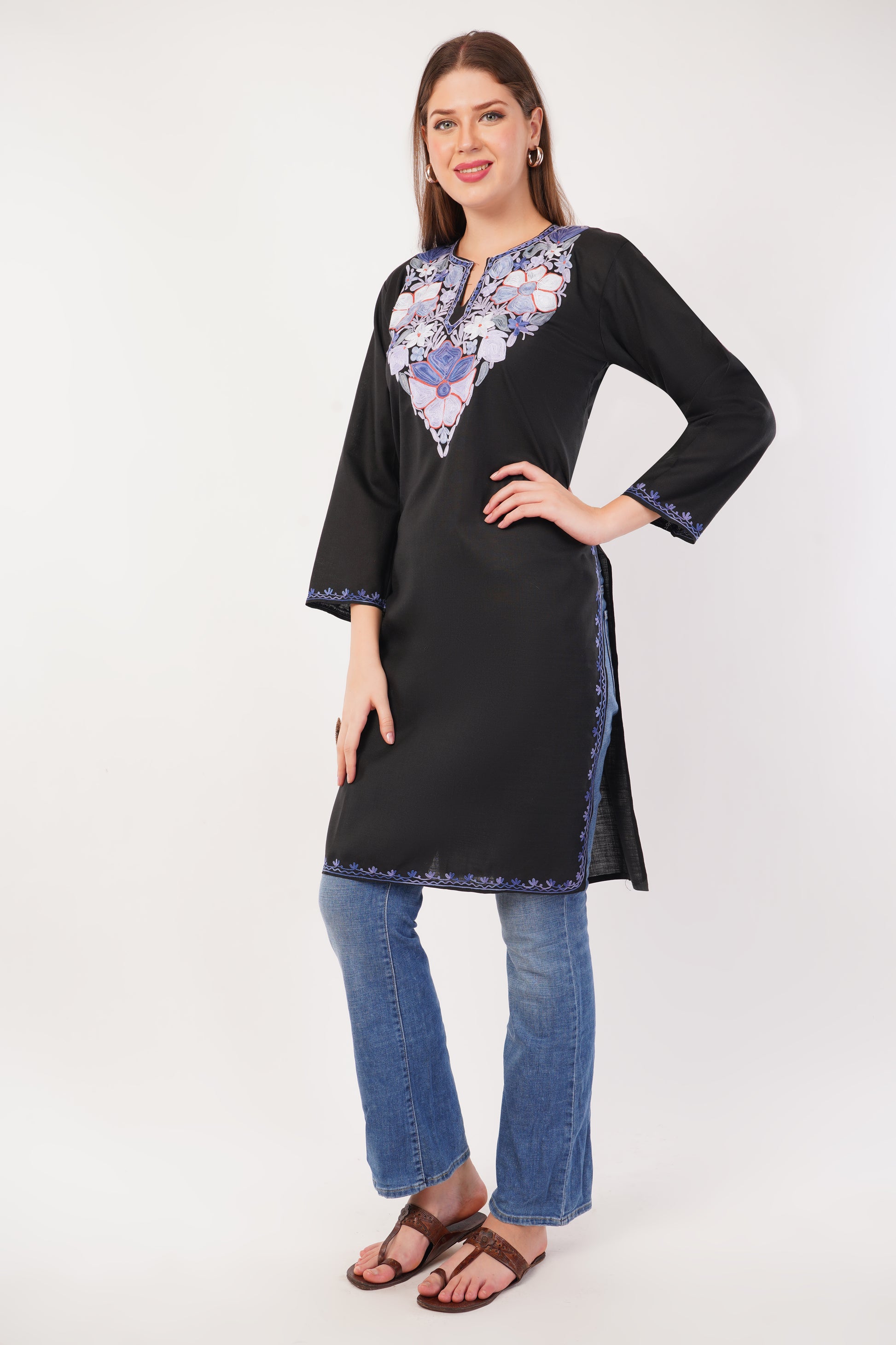 Kashmiri Aari embroidery Cotton Long Kurti Size-42 (Black)