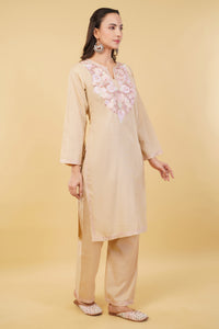Kashmiri Aari embroidery Cotton Co-ord set Size-36 (Beige)