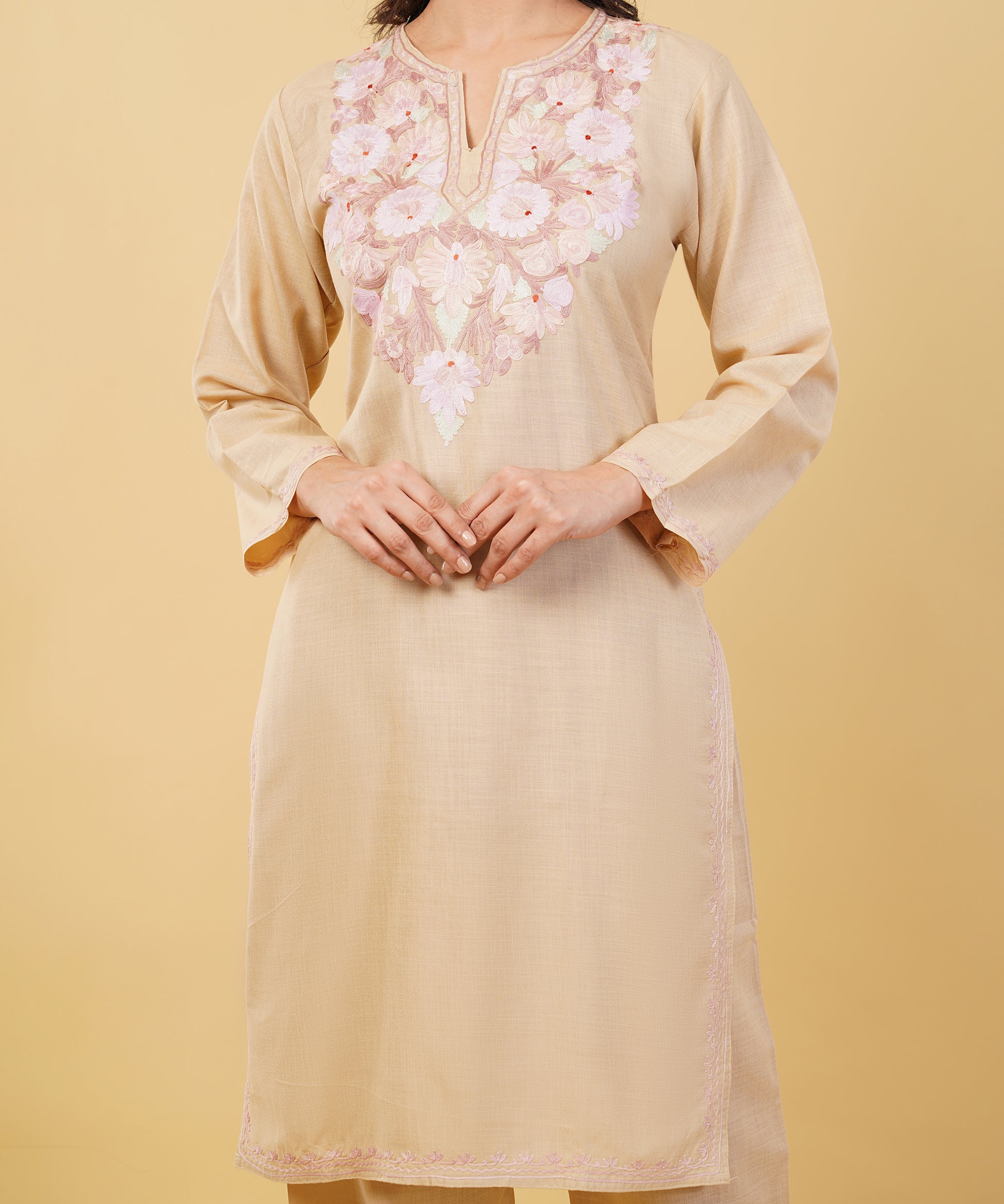 Kashmiri Aari embroidery Cotton Co-ord set Size-36 (Beige)