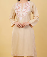 Kashmiri Aari embroidery Cotton Co-ord set Size-36 (Beige)
