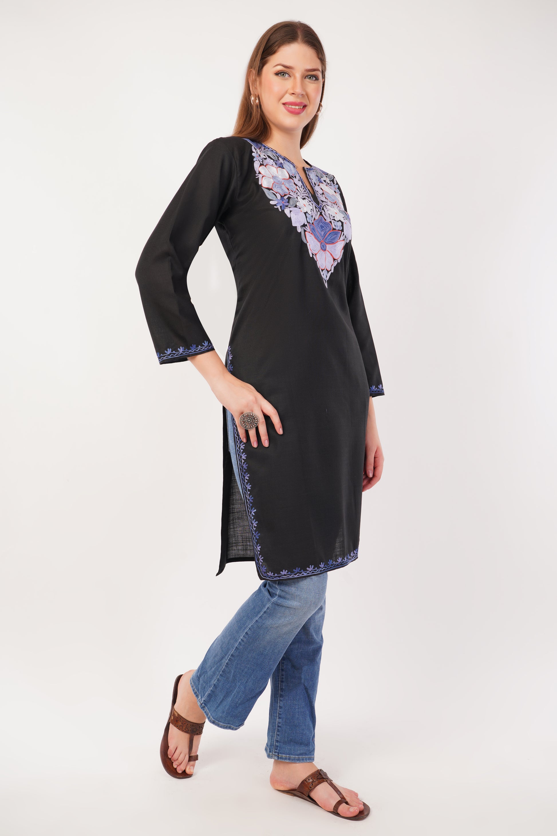 Kashmiri Aari embroidery Cotton Long Kurti Size-42 (Black)