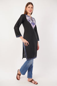 Kashmiri Aari embroidery Cotton Long Kurti Size-42 (Black)
