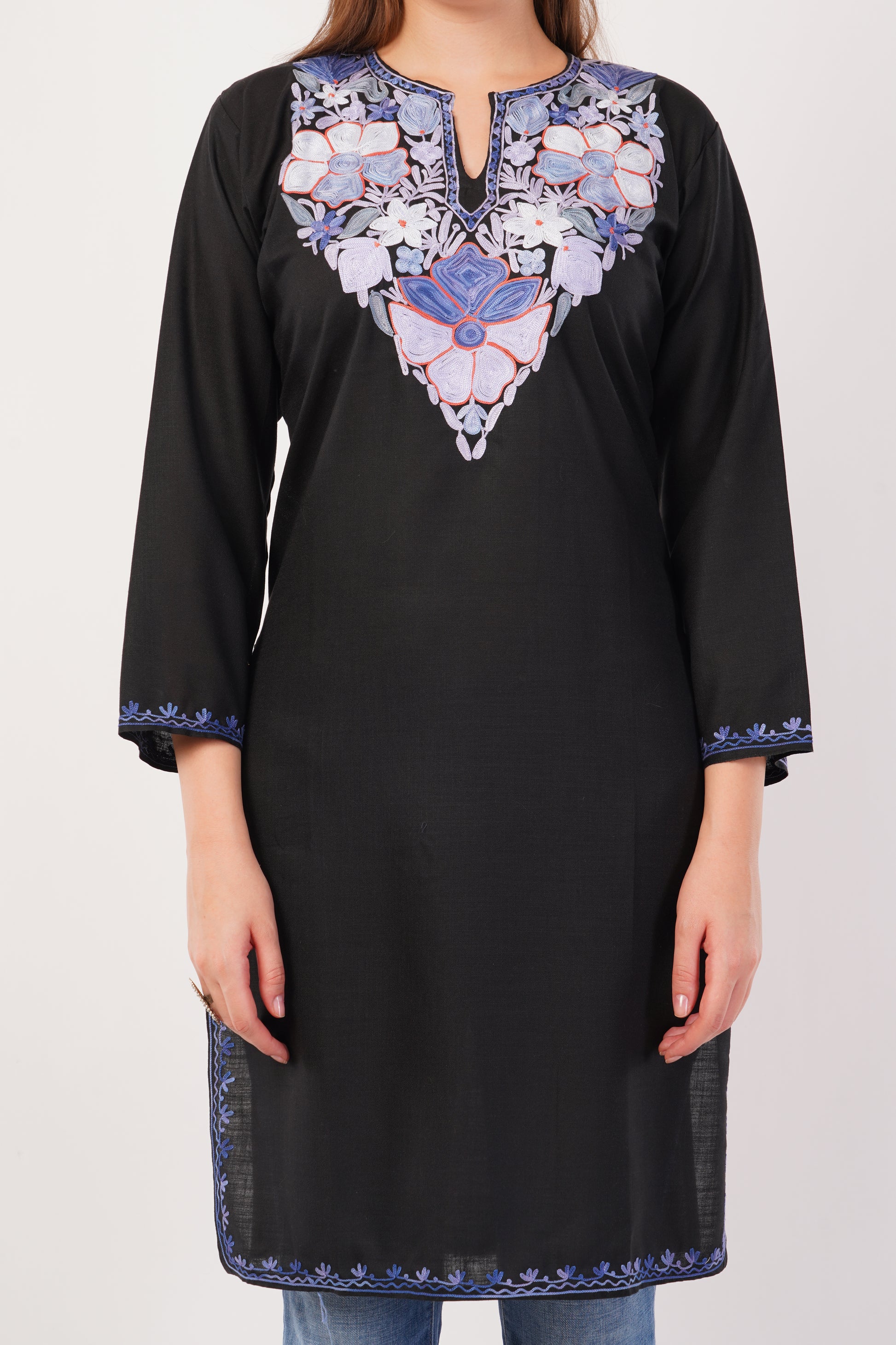 Kashmiri Aari embroidery Cotton Long Kurti Size-42 (Black)