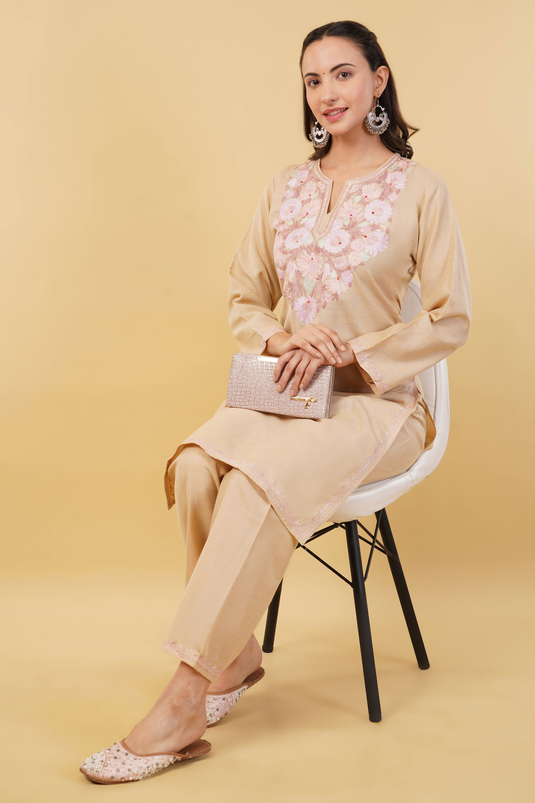 Kashmiri Aari embroidery Cotton Co-ord set Size-36 (Beige)