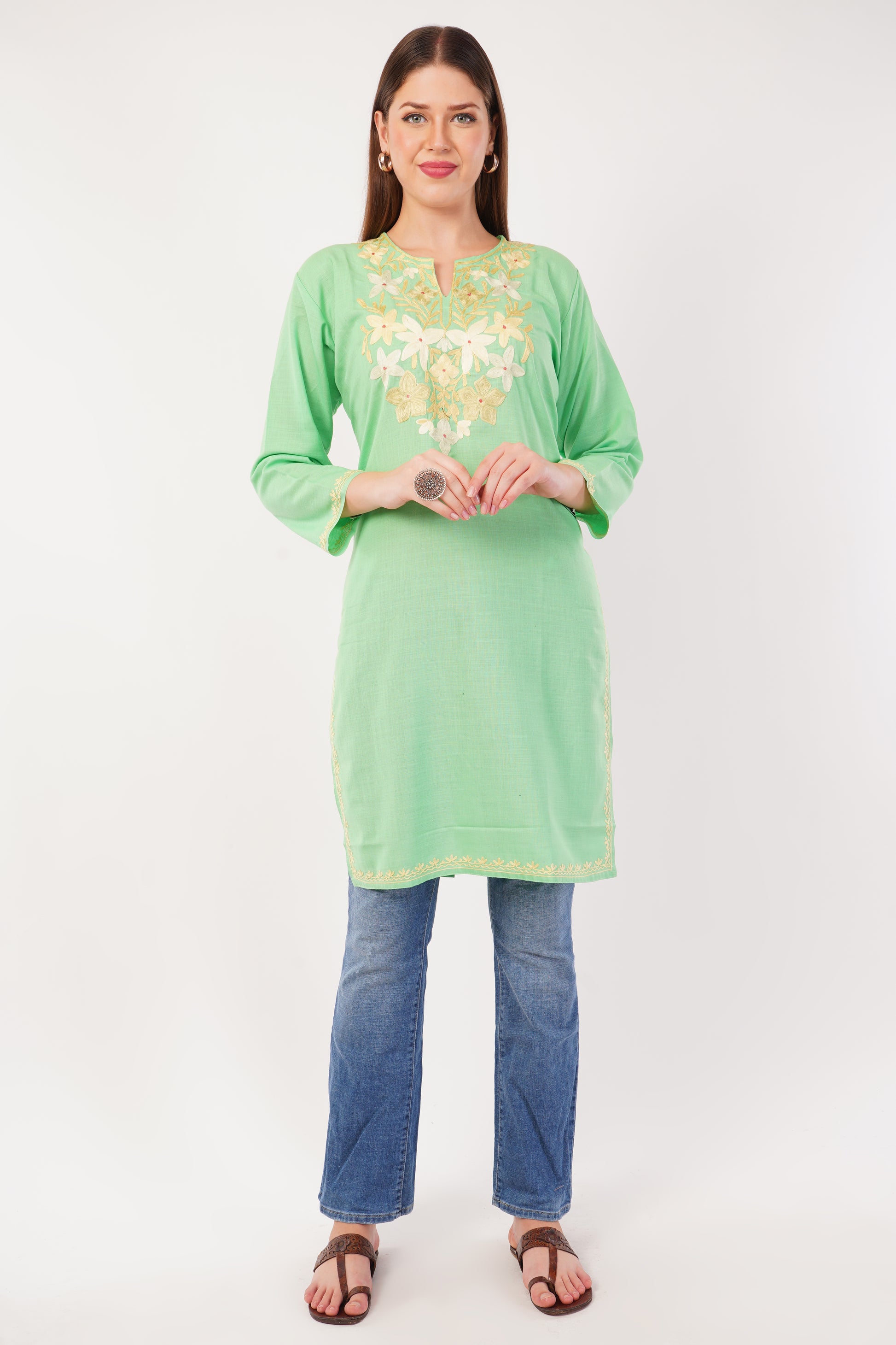 Kashmiri Aari embroidery Cotton Long Kurti Size-42 (Green)