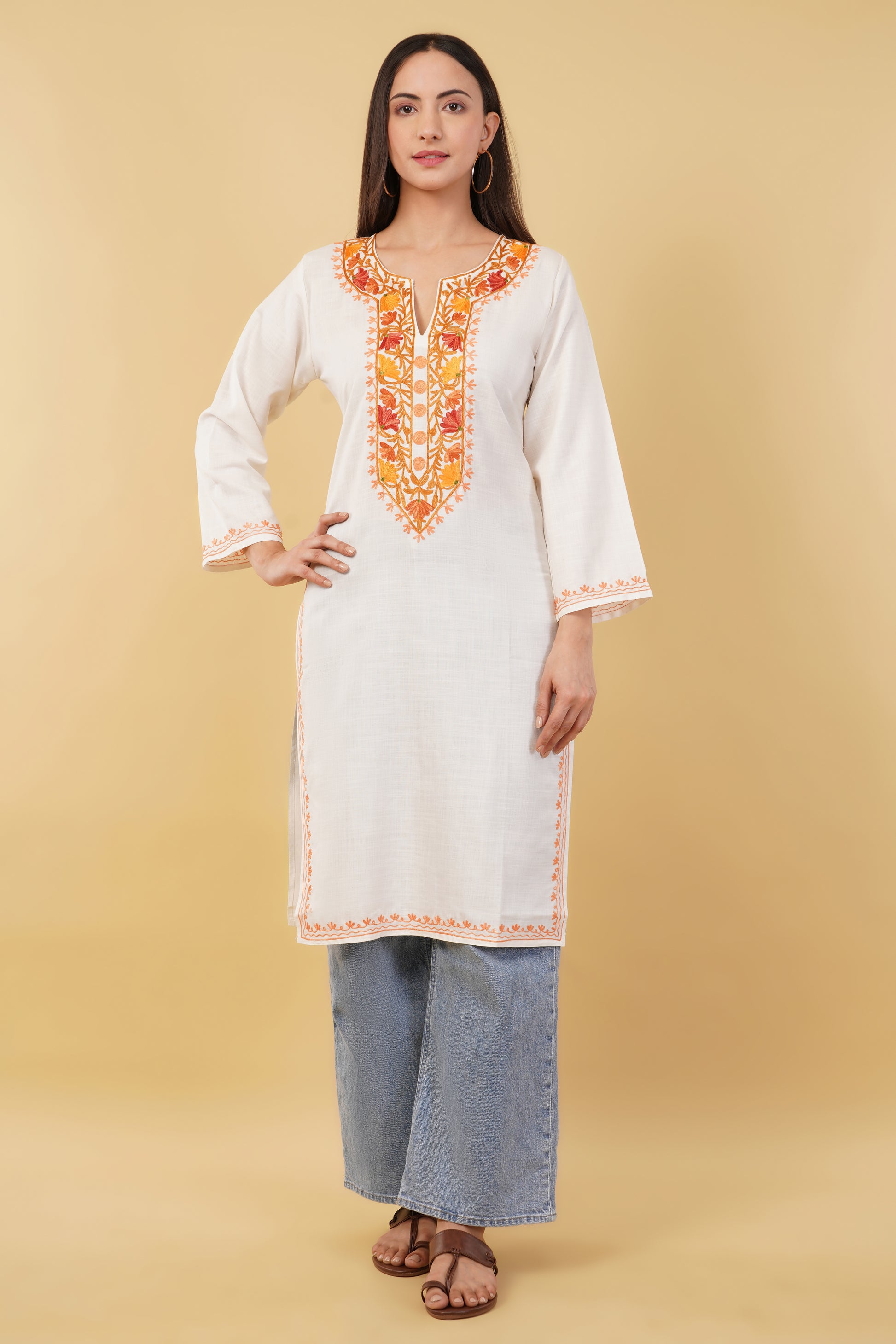 Kashmiri Aari embroidery Cotton Long Kurti Size-36 (white)