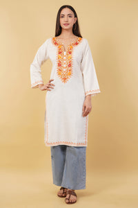 Kashmiri Aari embroidery Cotton Long Kurti Size-36 (white)