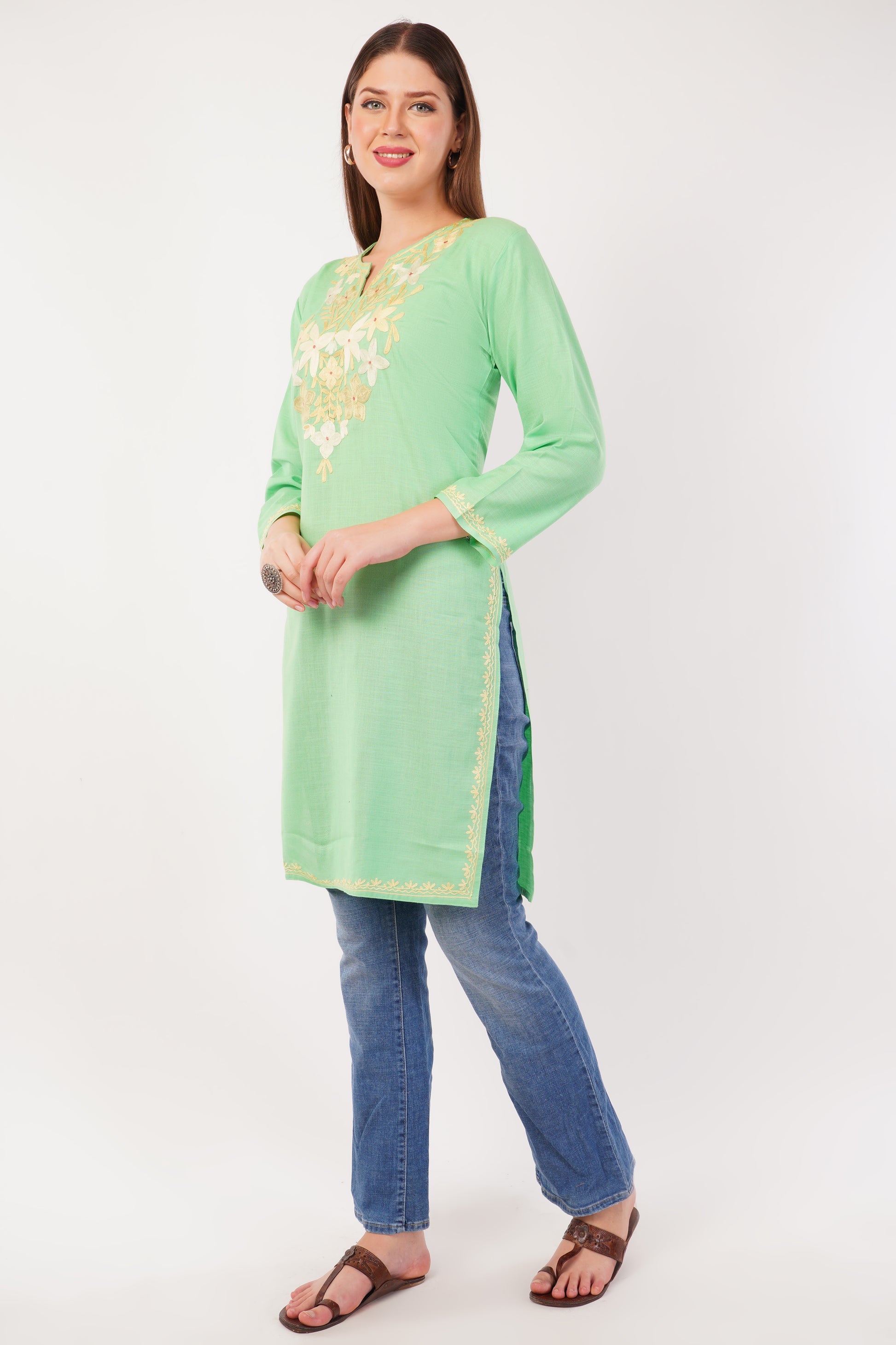 Kashmiri Aari embroidery Cotton Long Kurti Size-42 (Green)