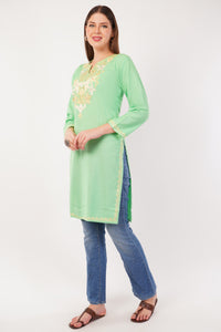 Kashmiri Aari embroidery Cotton Long Kurti Size-42 (Green)