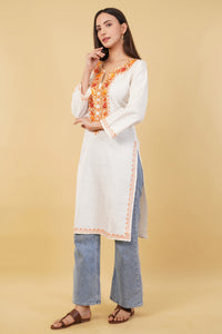 Kashmiri Aari embroidery Cotton Long Kurti Size-36 (white)