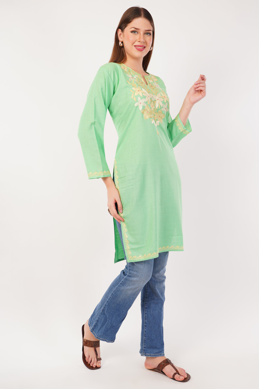 Kashmiri Aari embroidery Cotton Long Kurti Size-42 (Green)