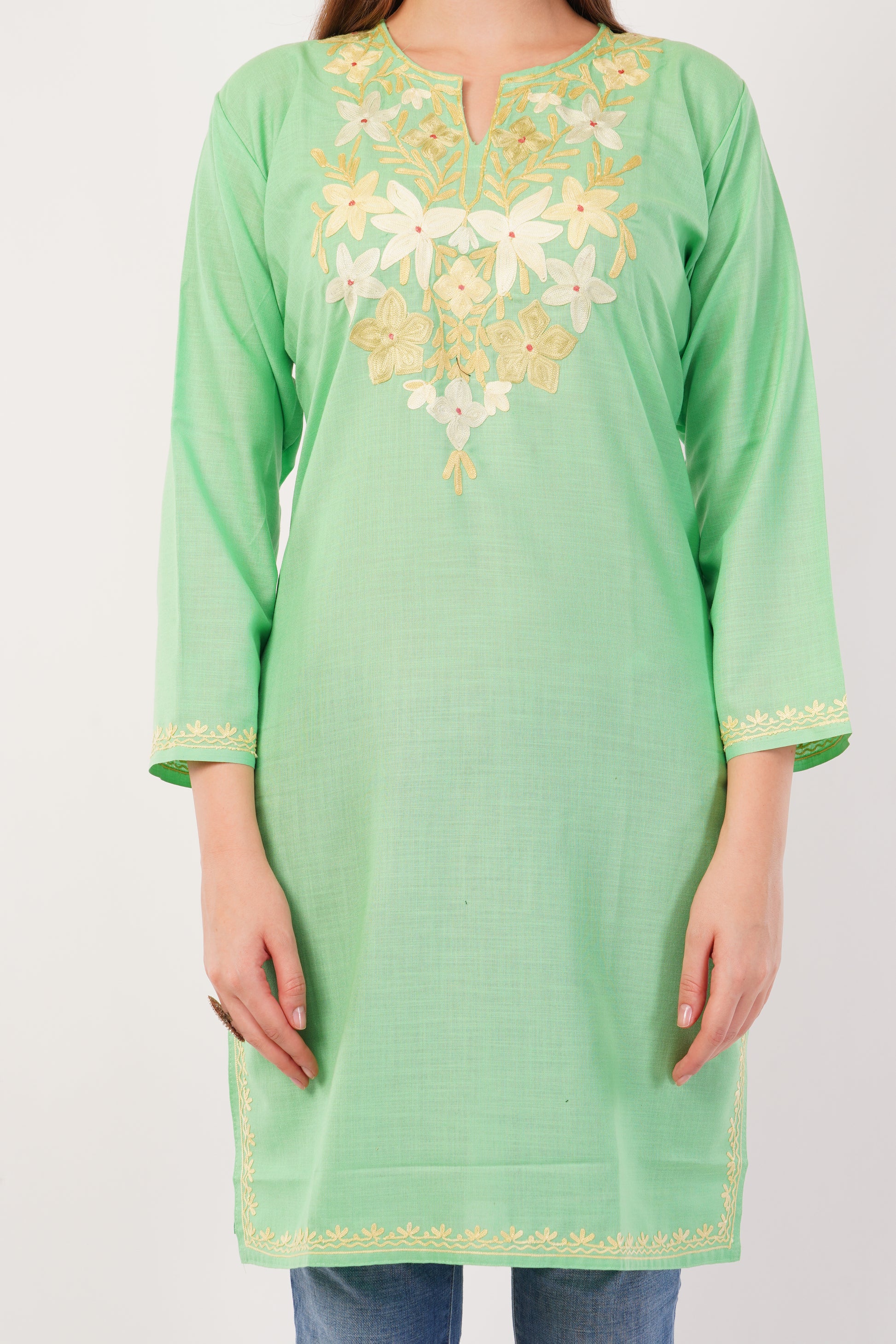 Kashmiri Aari embroidery Cotton Long Kurti Size-42 (Green)
