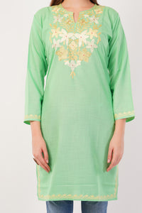 Kashmiri Aari embroidery Cotton Long Kurti Size-42 (Green)