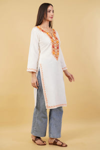 Kashmiri Aari embroidery Cotton Long Kurti Size-36 (white)