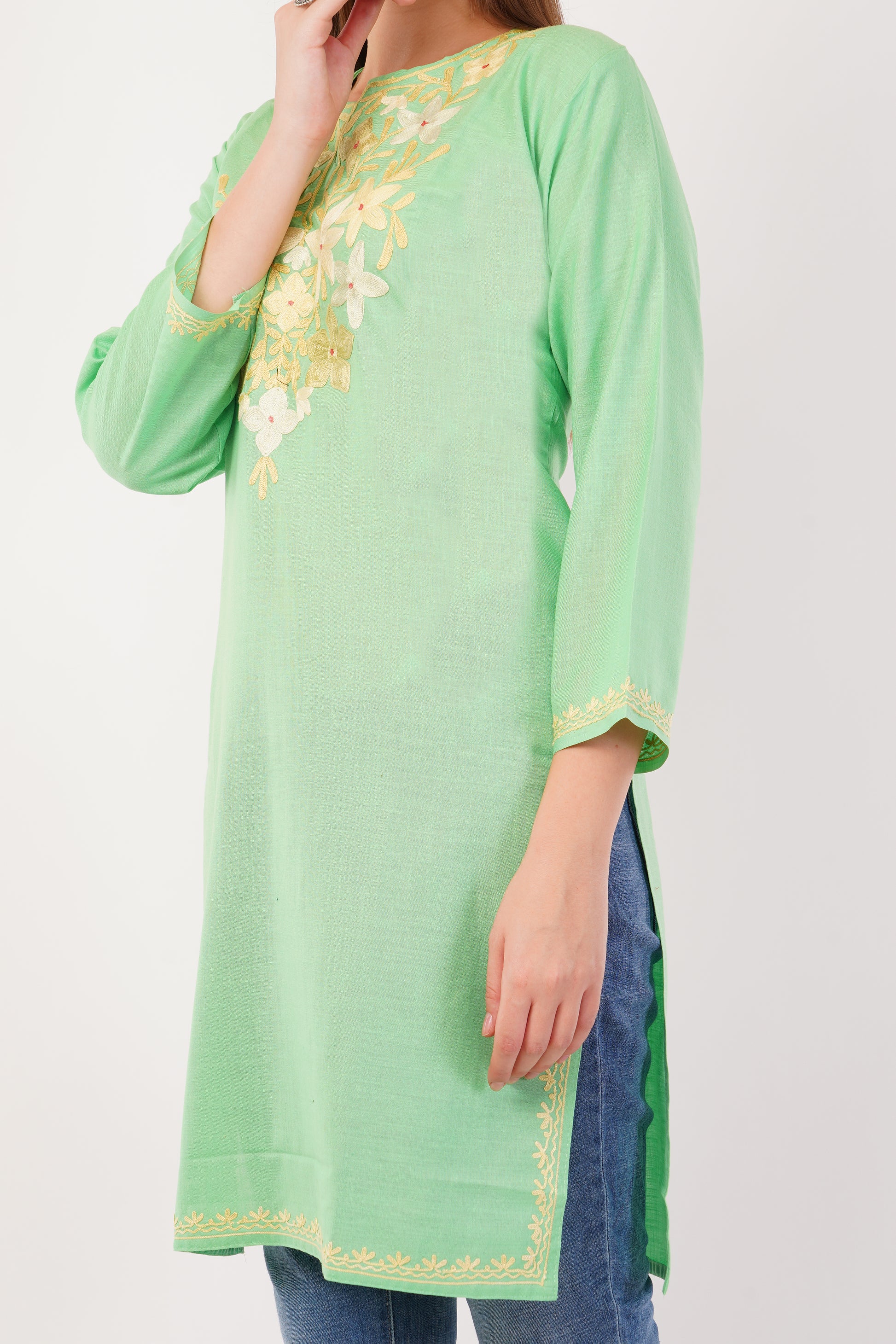 Kashmiri Aari embroidery Cotton Long Kurti Size-42 (Green)