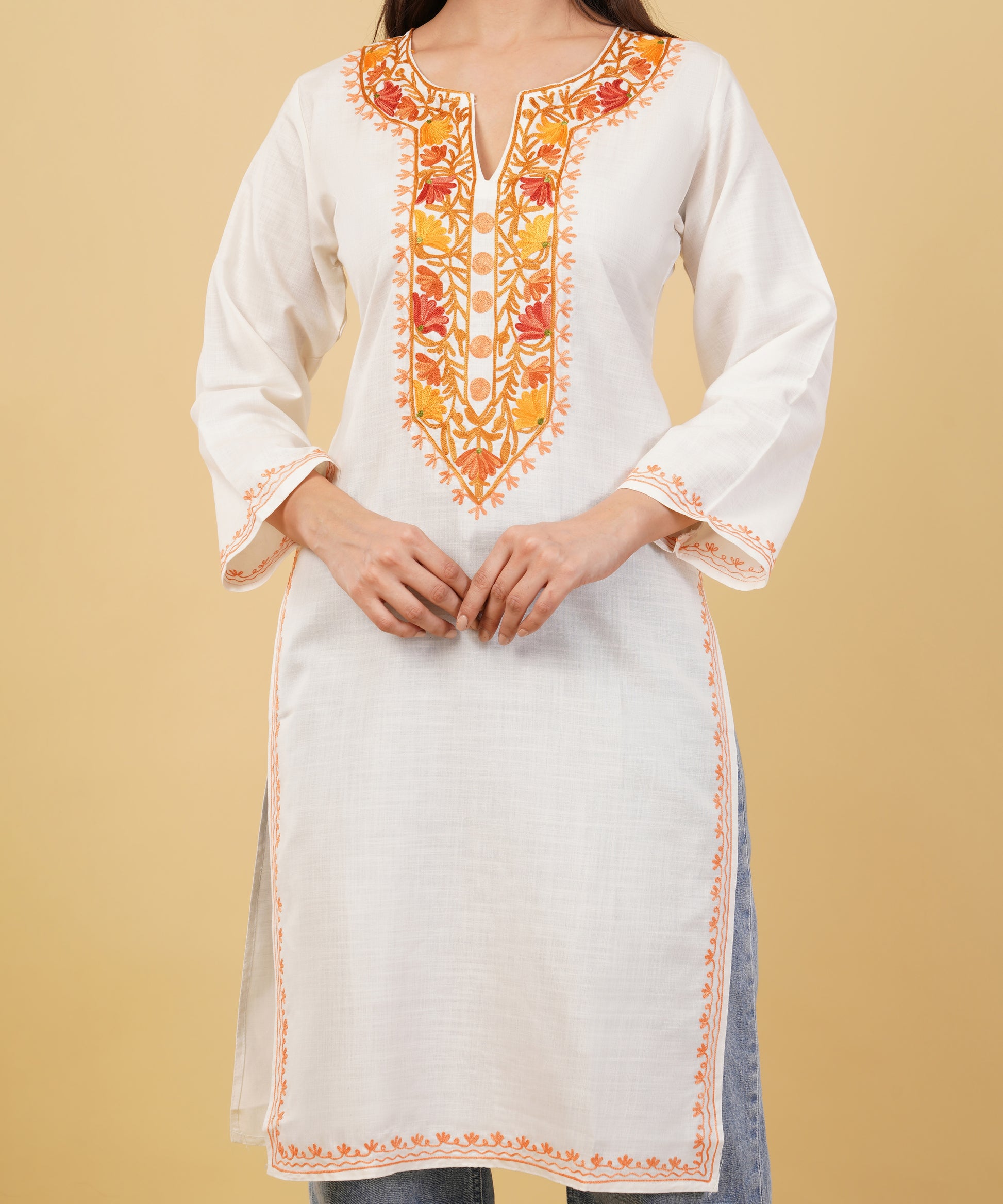 Kashmiri Aari embroidery Cotton Long Kurti Size-36 (white)