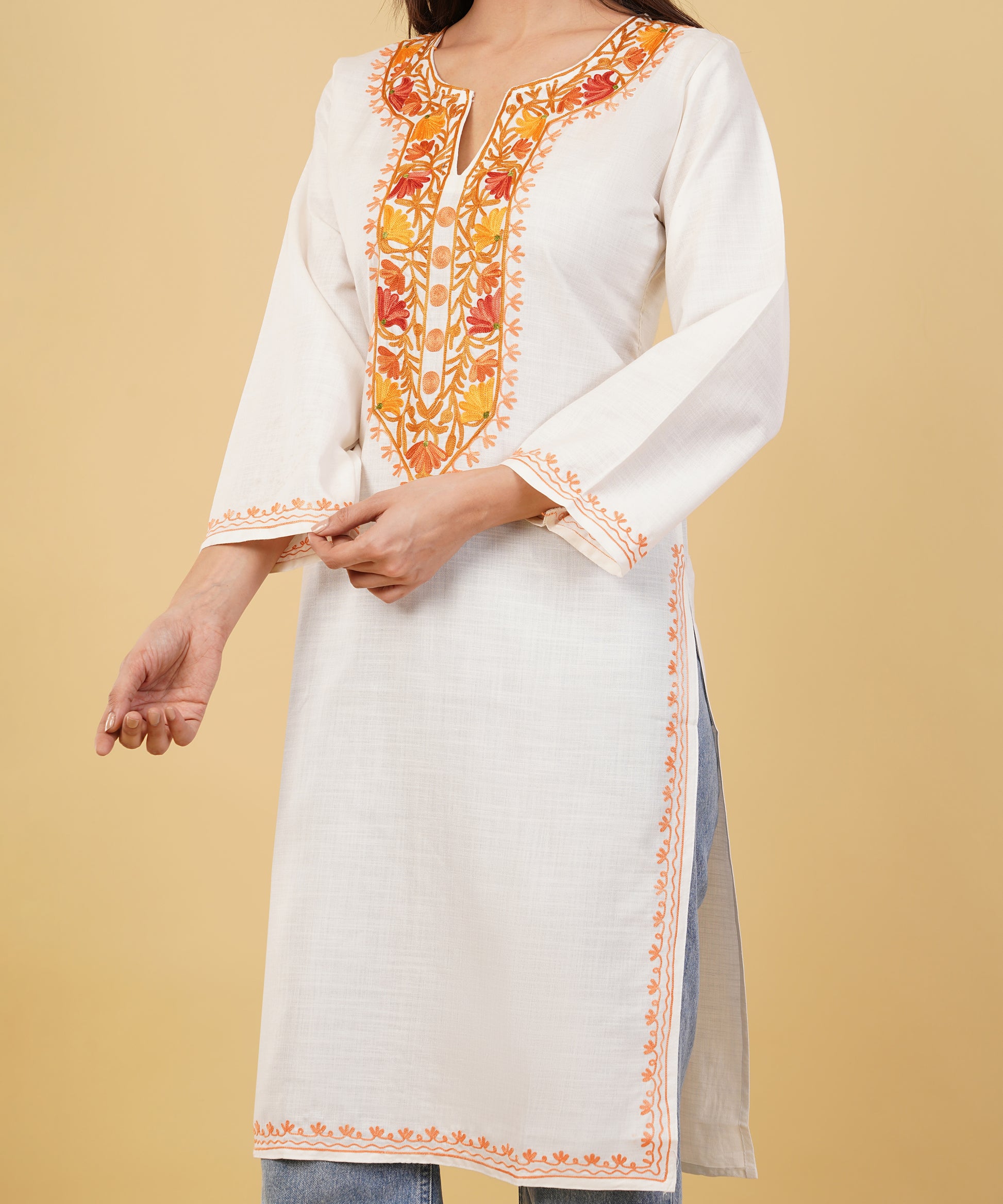 Kashmiri Aari embroidery Cotton Long Kurti Size-36 (white)