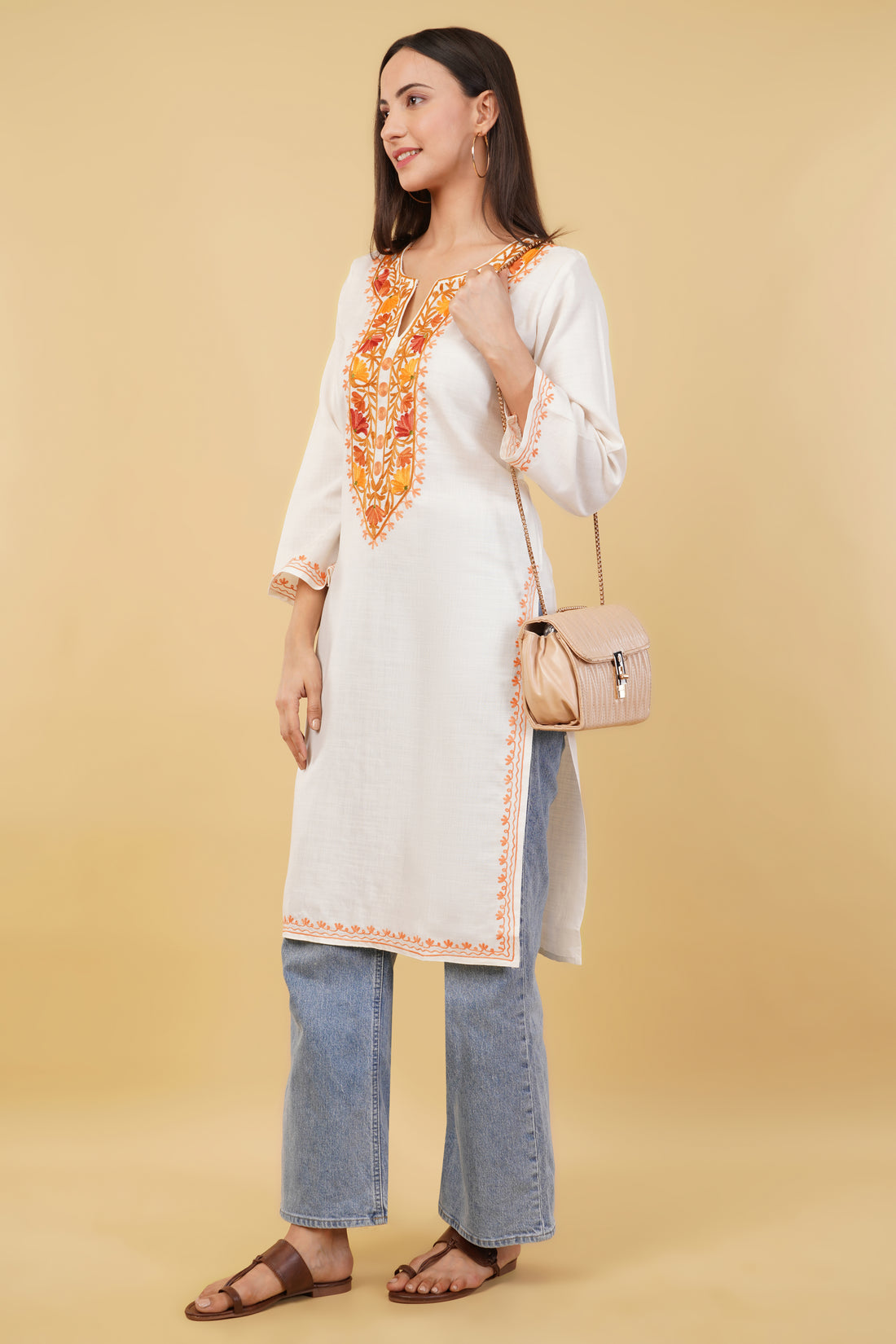Kashmiri Aari embroidery Cotton Long Kurti Size-36 (white)