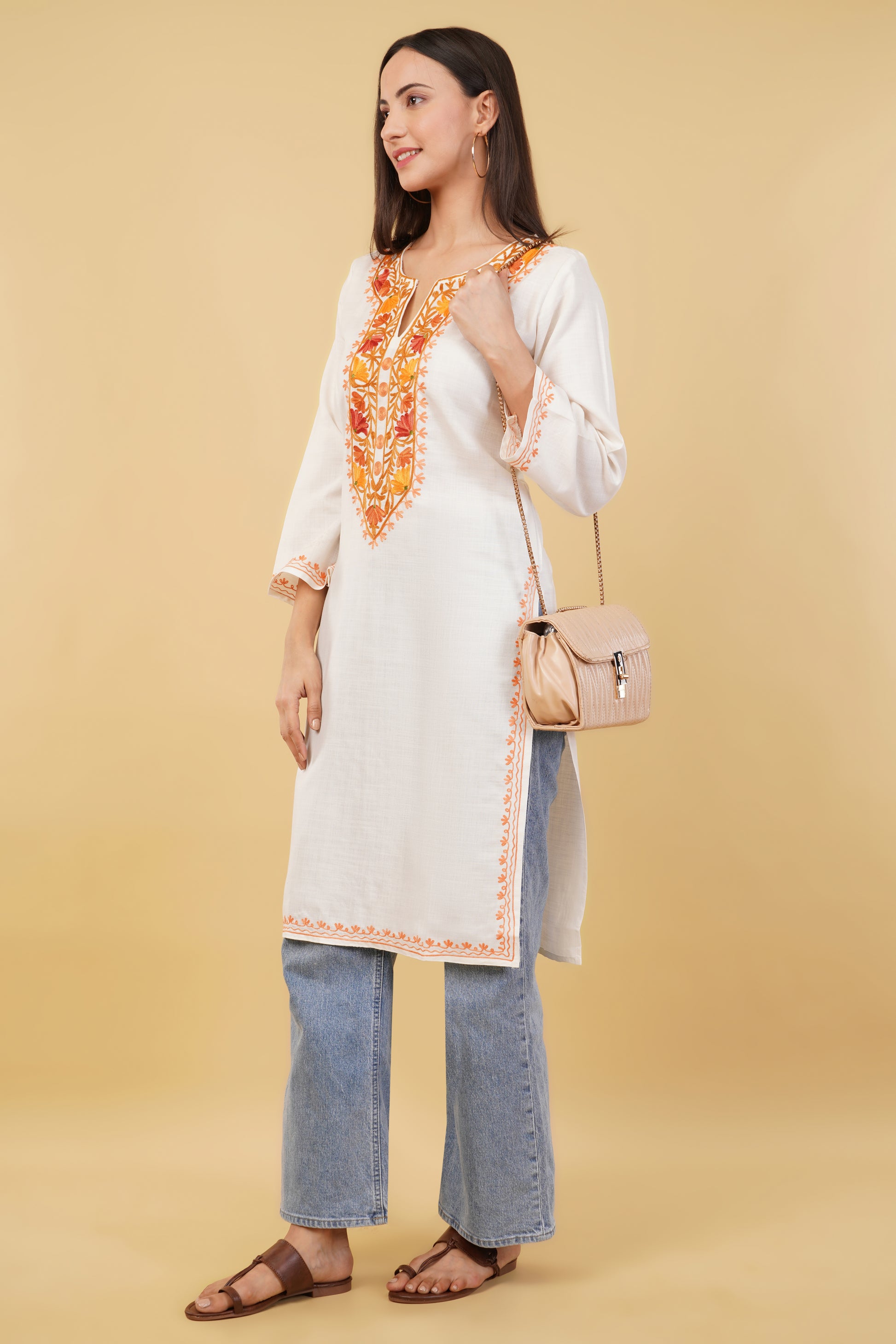 Kashmiri Aari embroidery Cotton Long Kurti Size-36 (white)