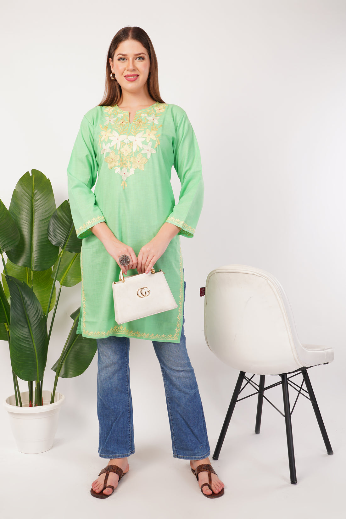 Kashmiri Aari embroidery Cotton Long Kurti Size-42 (Green)