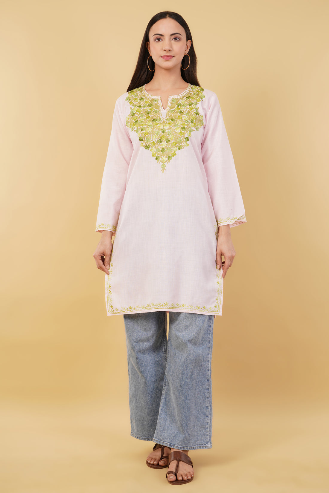 Kashmiri Aari embroidery Cotton Long Kurti Size-36 (Baby Pink)