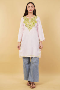 Kashmiri Aari embroidery Cotton Long Kurti Size-36 (Baby Pink)