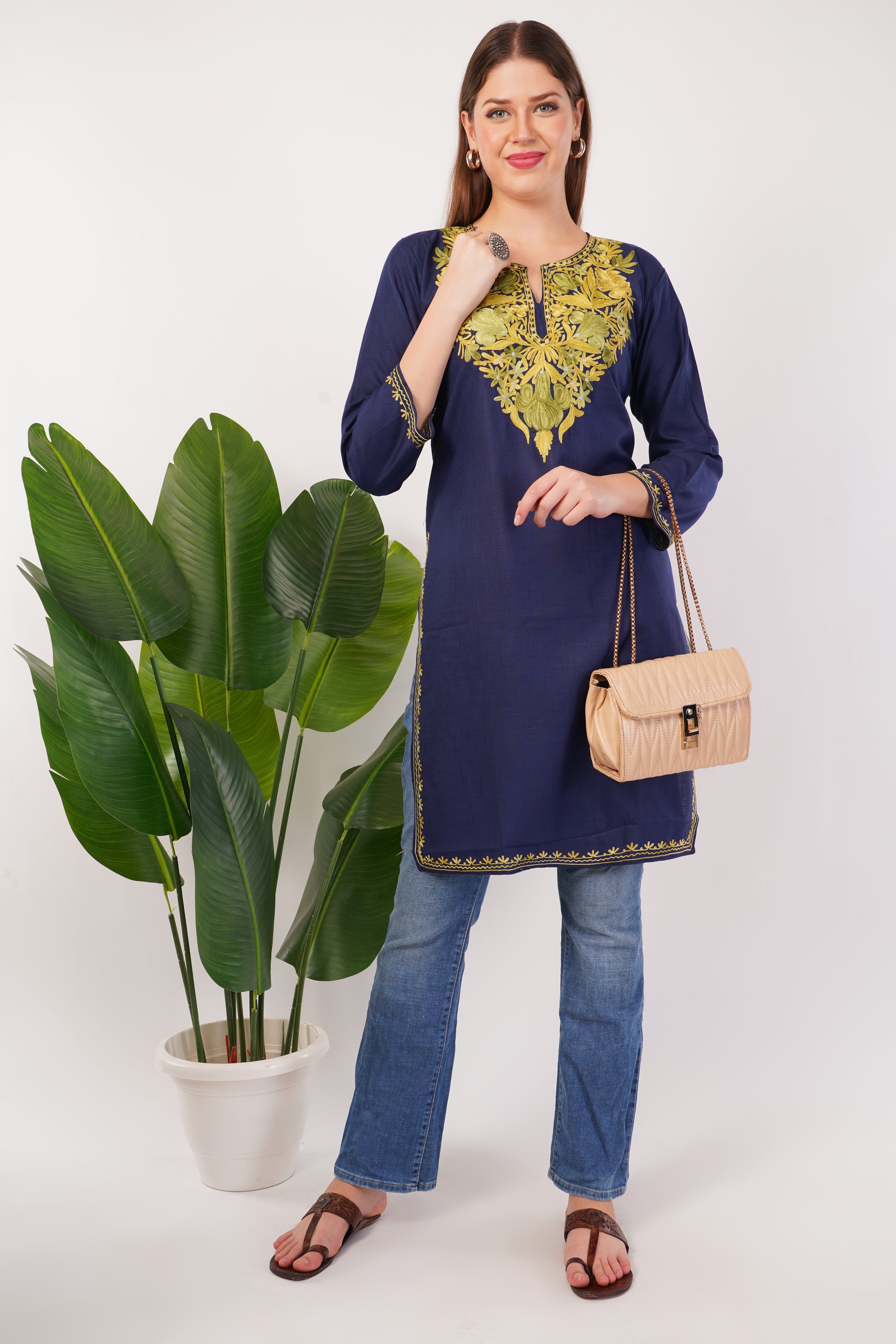 Kashmiri Aari embroidery Cotton Long Kurti Size-42 ( Navy Blue)