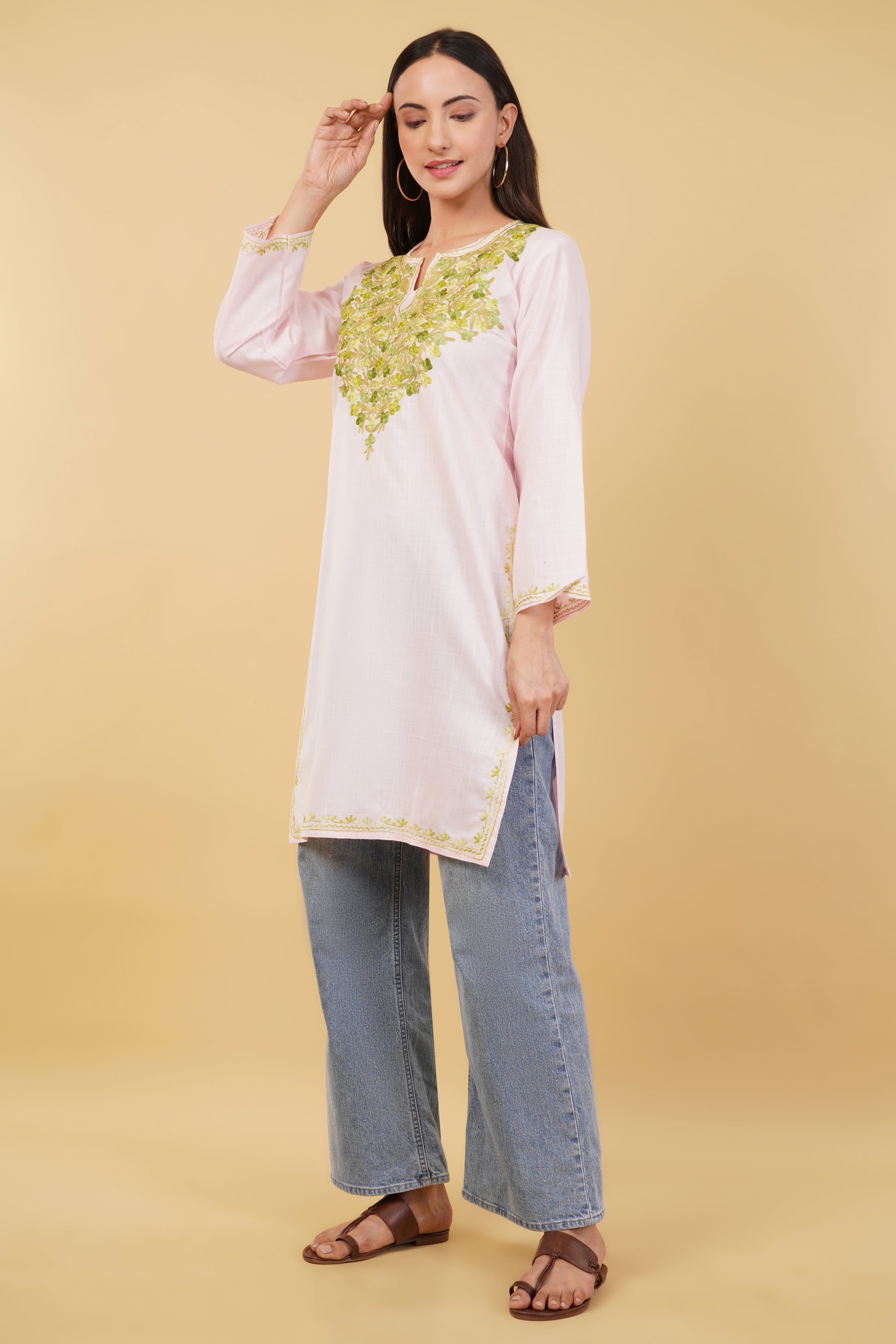Kashmiri Aari embroidery Cotton Long Kurti Size-36 (Baby Pink)