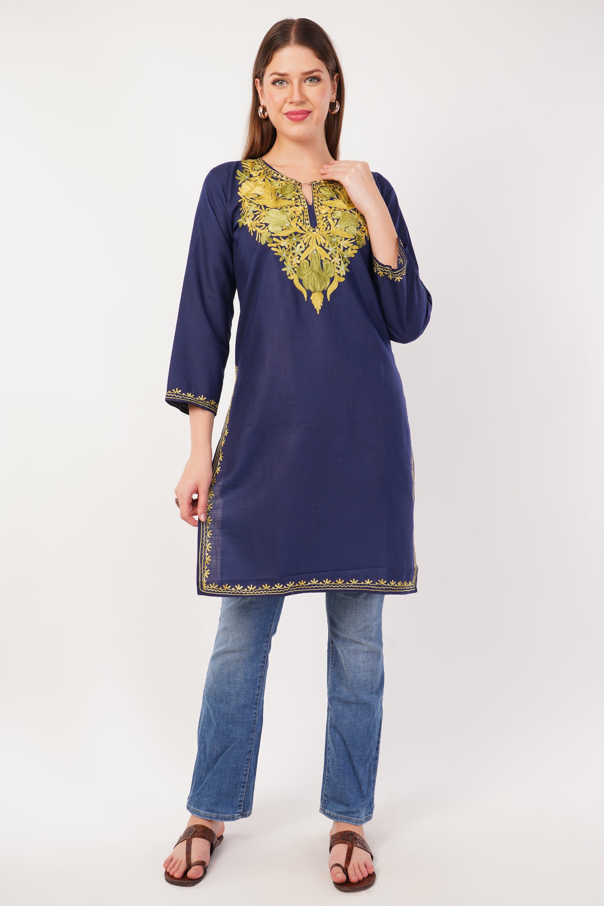 Kashmiri Aari embroidery Cotton Long Kurti Size-42 ( Navy Blue)