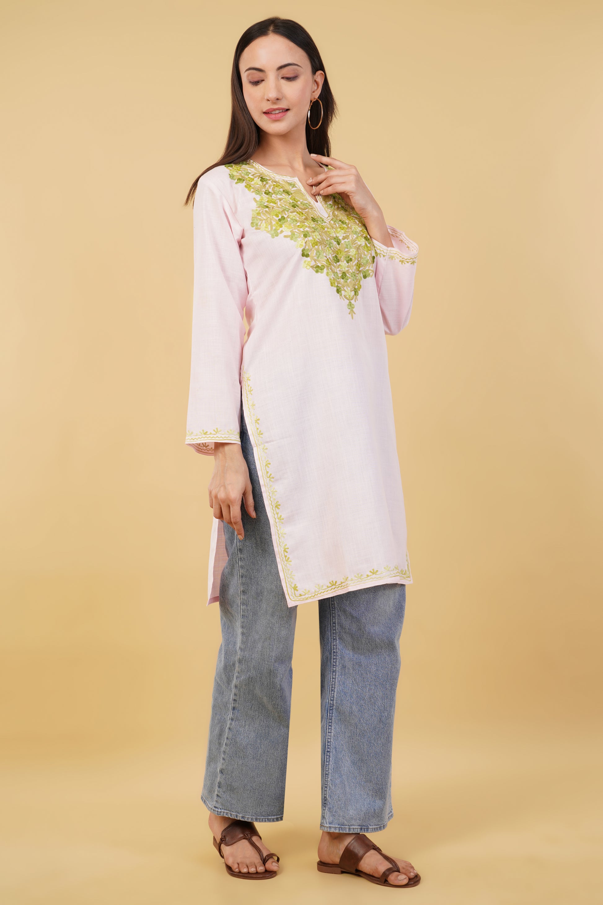 Kashmiri Aari embroidery Cotton Long Kurti Size-36 (Baby Pink)