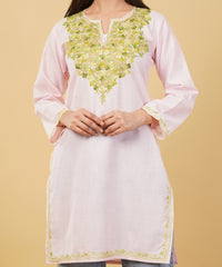 Kashmiri Aari embroidery Cotton Long Kurti Size-36 (Baby Pink)