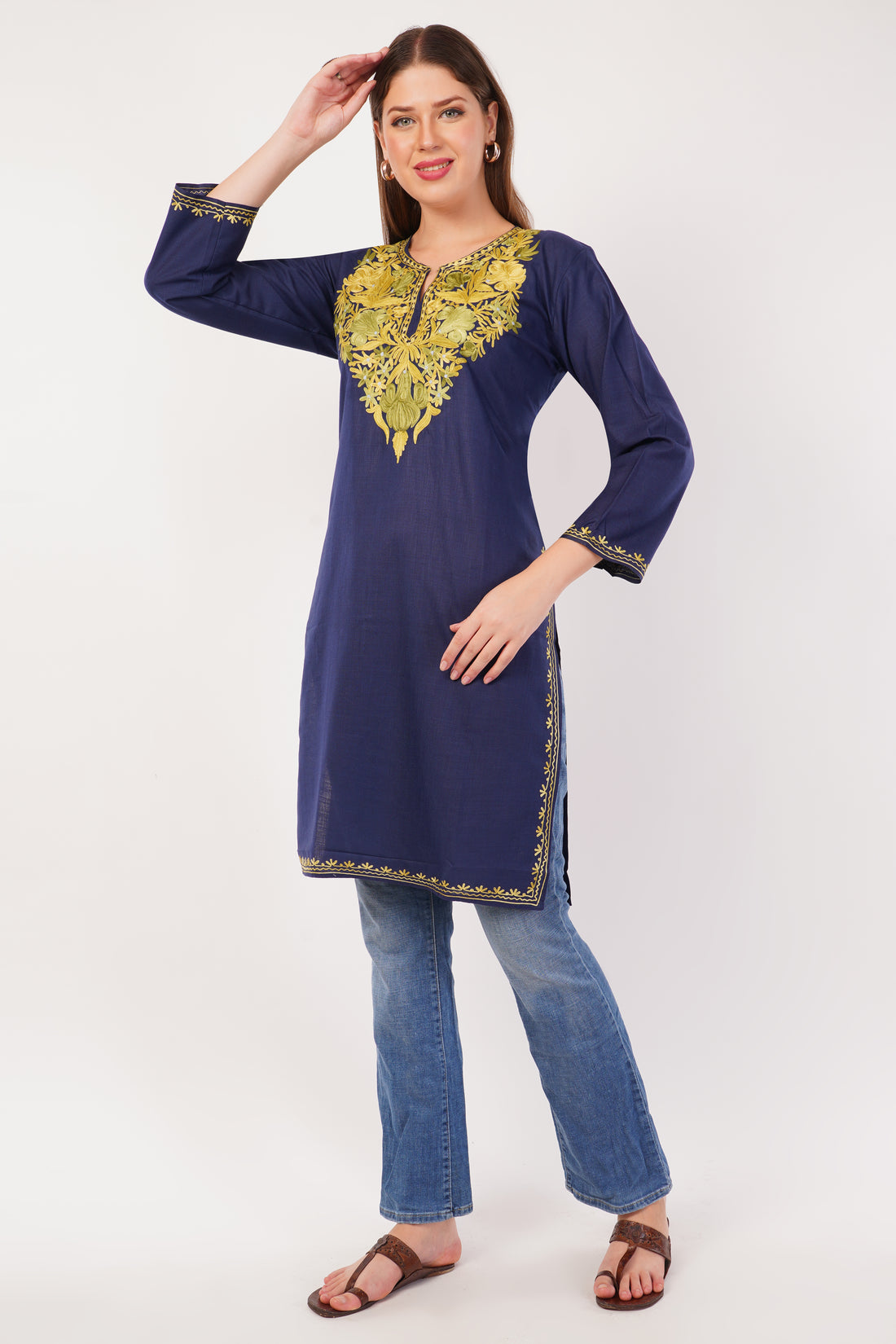 Kashmiri Aari embroidery Cotton Long Kurti Size-42 ( Navy Blue)