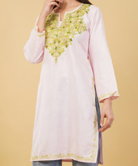 Kashmiri Aari embroidery Cotton Long Kurti Size-36 (Baby Pink)