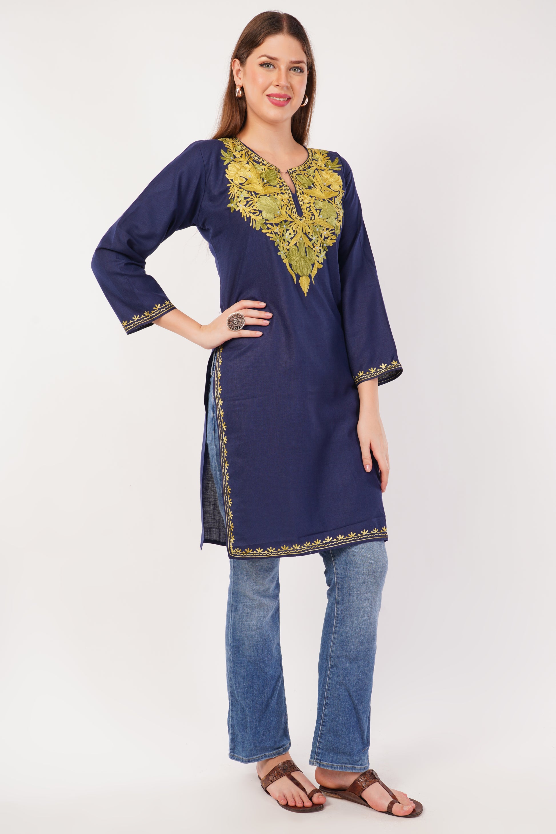 Kashmiri Aari embroidery Cotton Long Kurti Size-42 ( Navy Blue)
