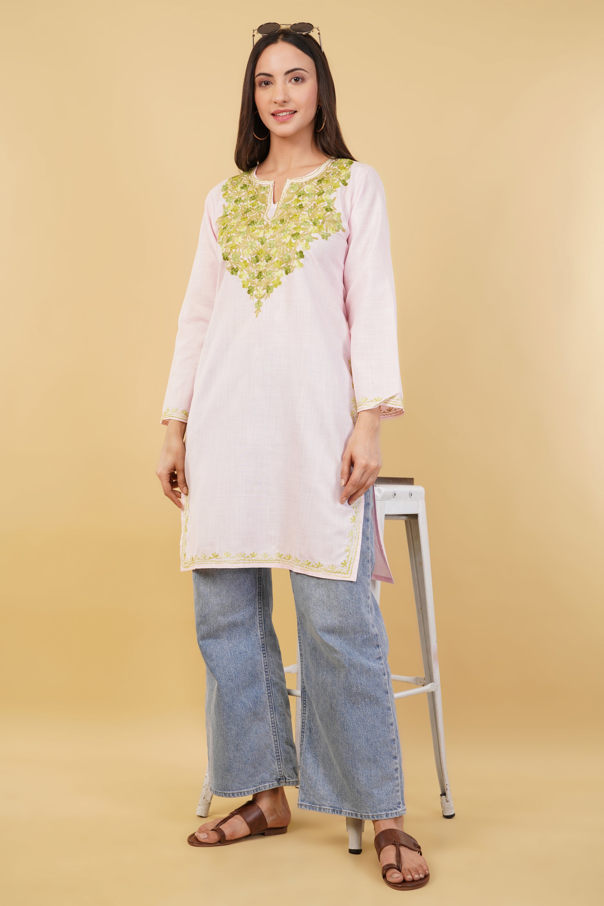 Kashmiri Aari embroidery Cotton Long Kurti Size-36 (Baby Pink)