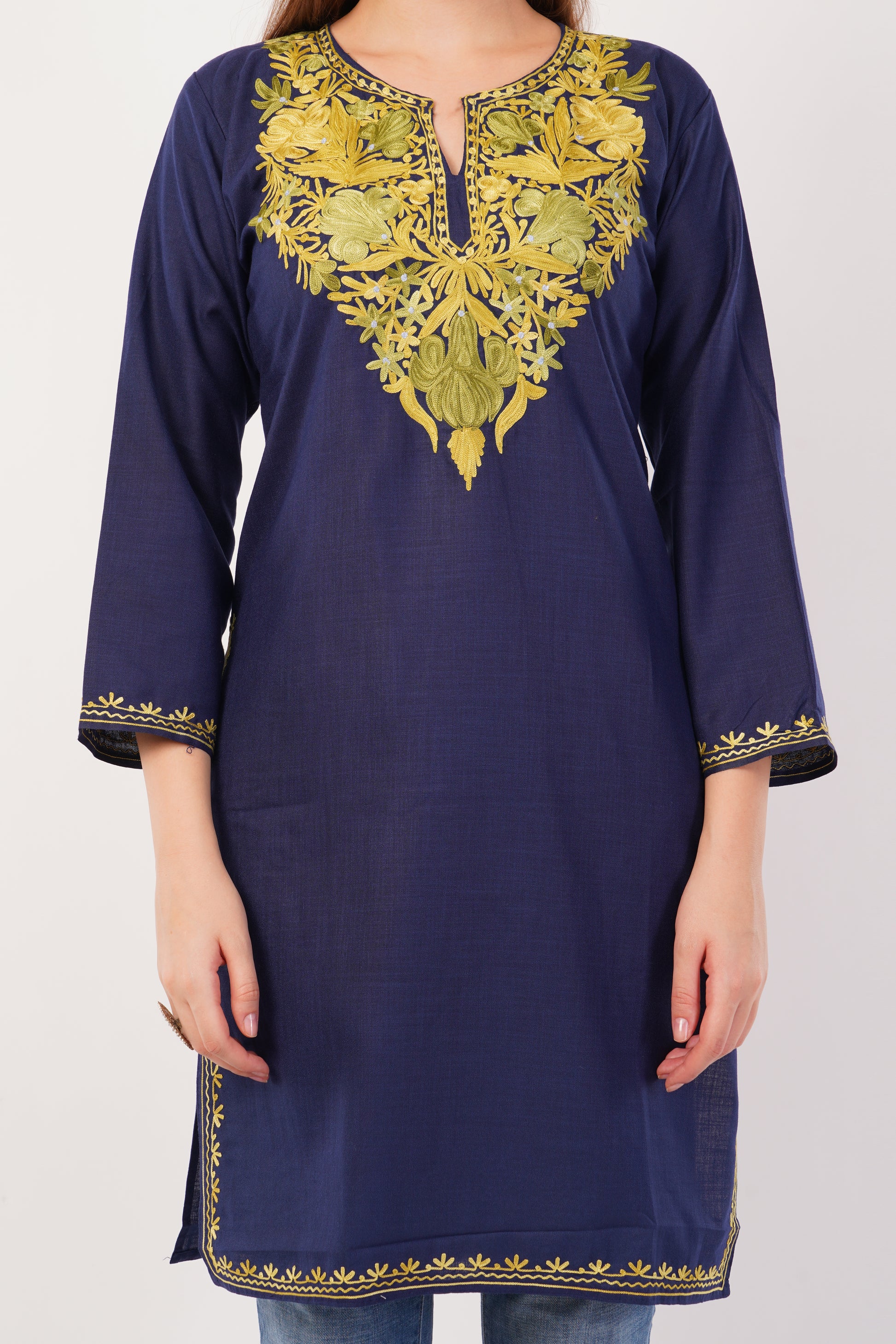 Kashmiri Aari embroidery Cotton Long Kurti Size-42 ( Navy Blue)