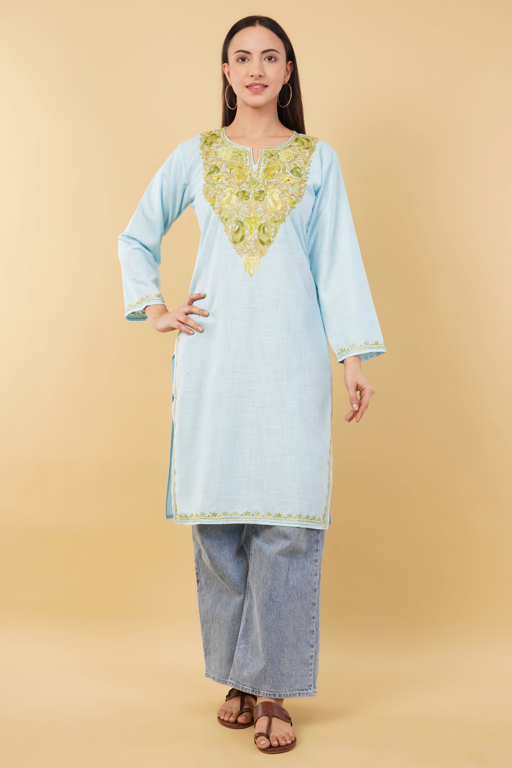 Kashmiri Aari embroidery Cotton Long Kurti Size-36 (Sky Blue)