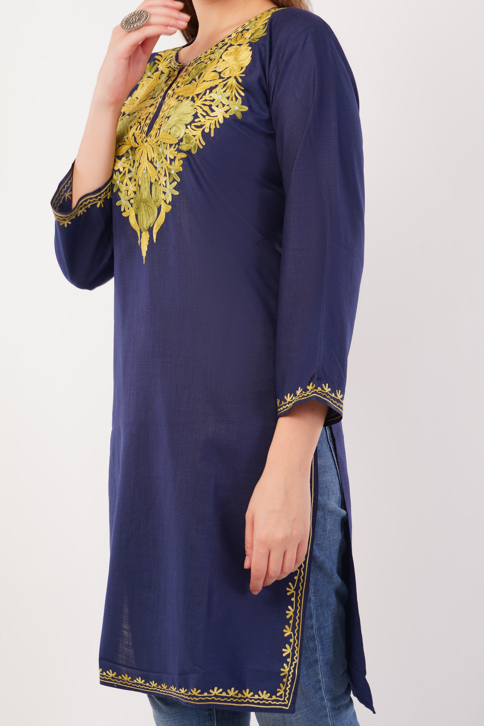 Kashmiri Aari embroidery Cotton Long Kurti Size-42 ( Navy Blue)