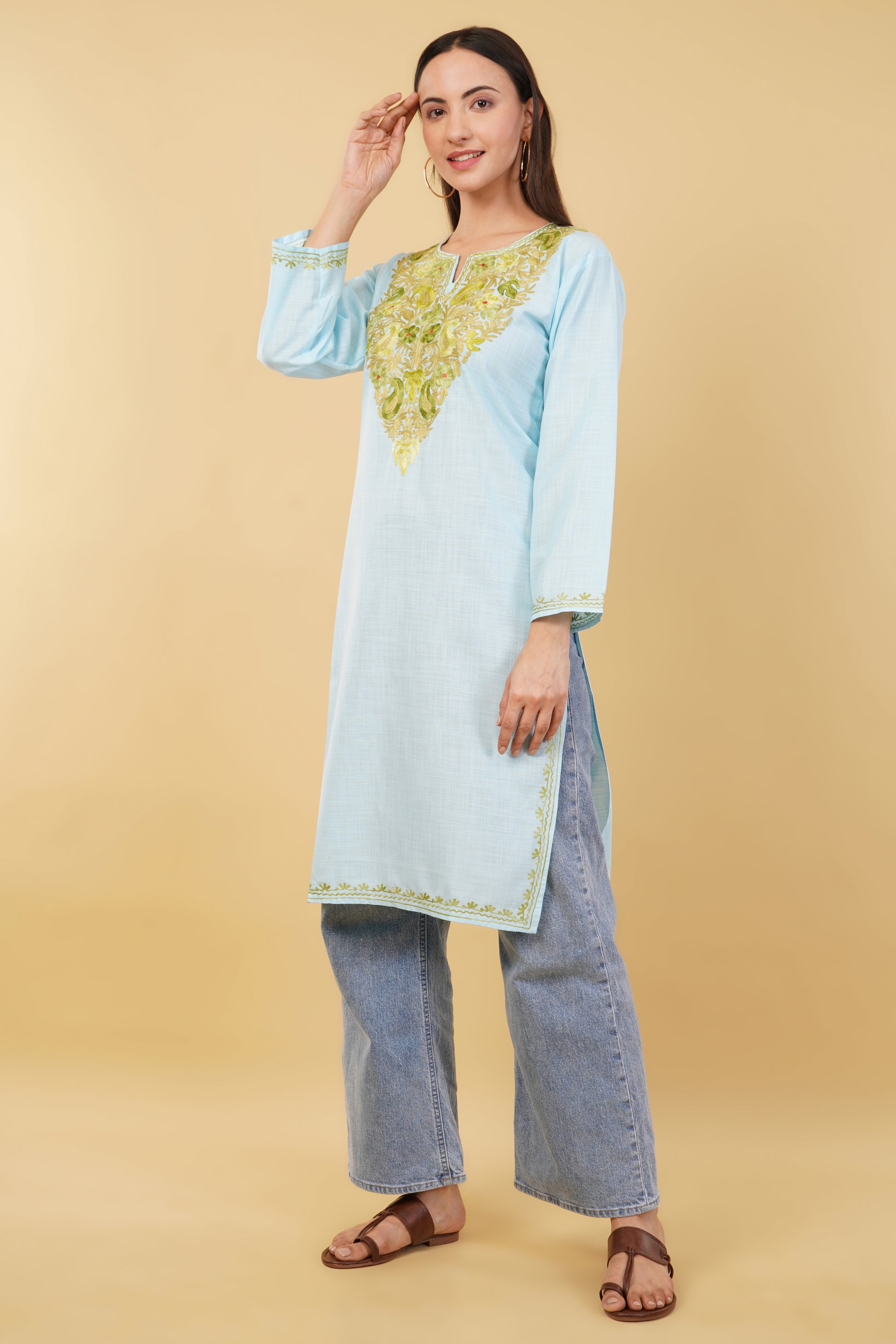 Kashmiri Aari embroidery Cotton Long Kurti Size-36 (Sky Blue)