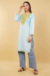 Kashmiri Aari embroidery Cotton Long Kurti Size-36 (Sky Blue)