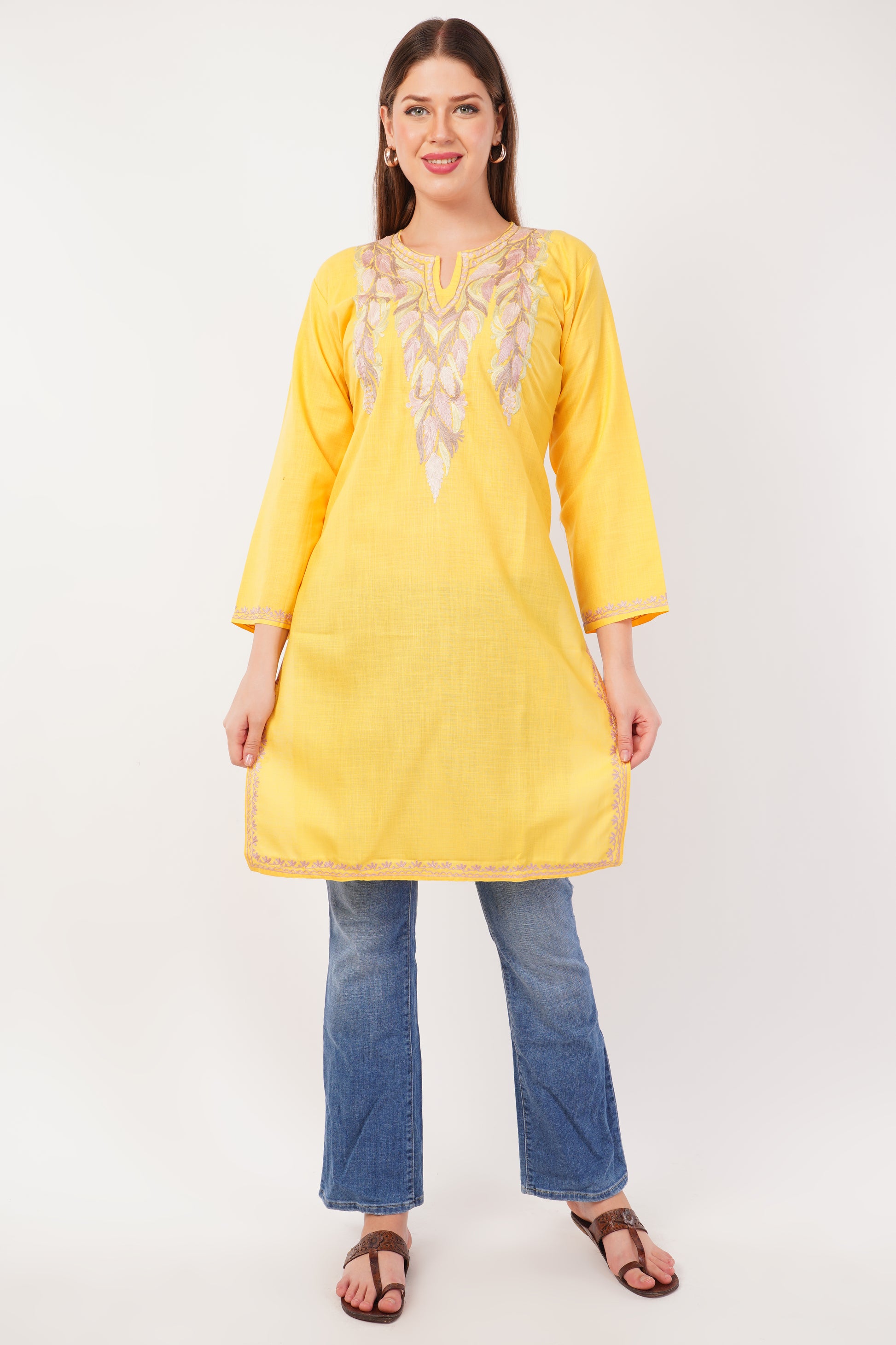 Kashmiri Aari embroidery Cotton Long Kurti Size-42 (Yellow)