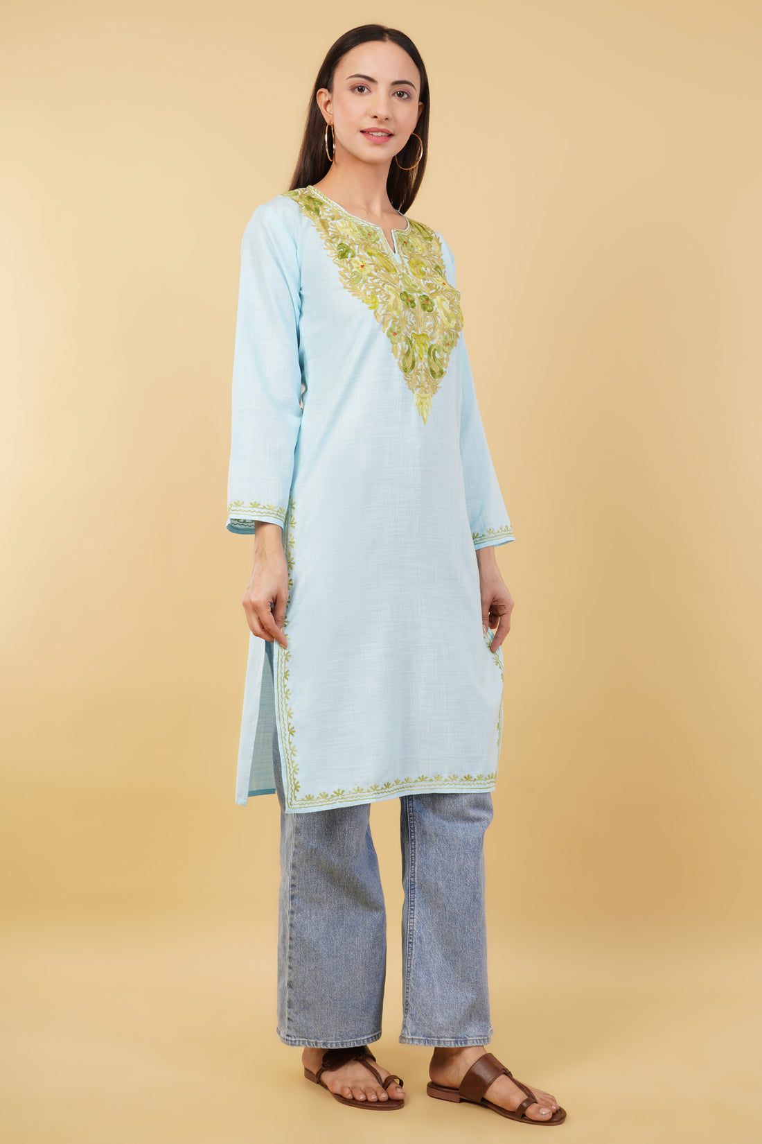 Kashmiri Aari embroidery Cotton Long Kurti Size-36 (Sky Blue)