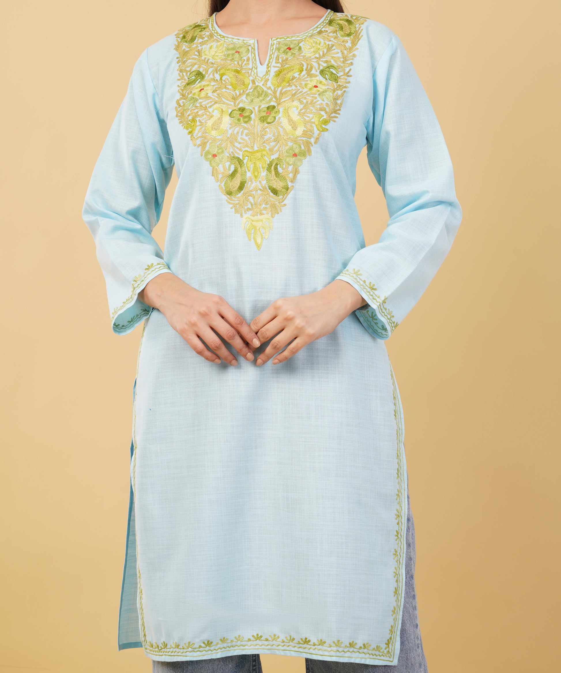 Kashmiri Aari embroidery Cotton Long Kurti Size-36 (Sky Blue)