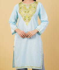 Kashmiri Aari embroidery Cotton Long Kurti Size-36 (Sky Blue)